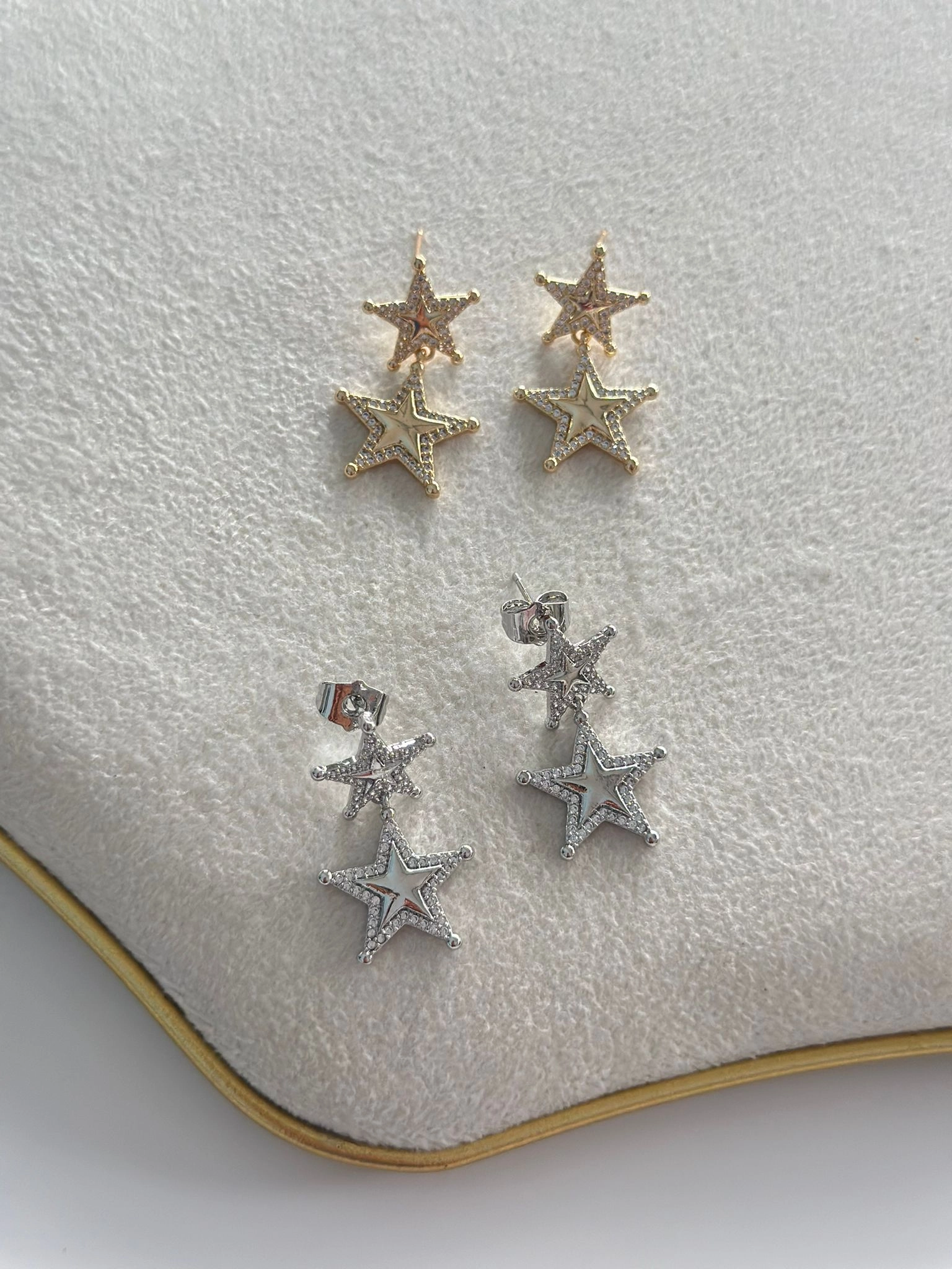 Zirkon Taş Detaylı İkili Yıldız Küpe (Çelik)