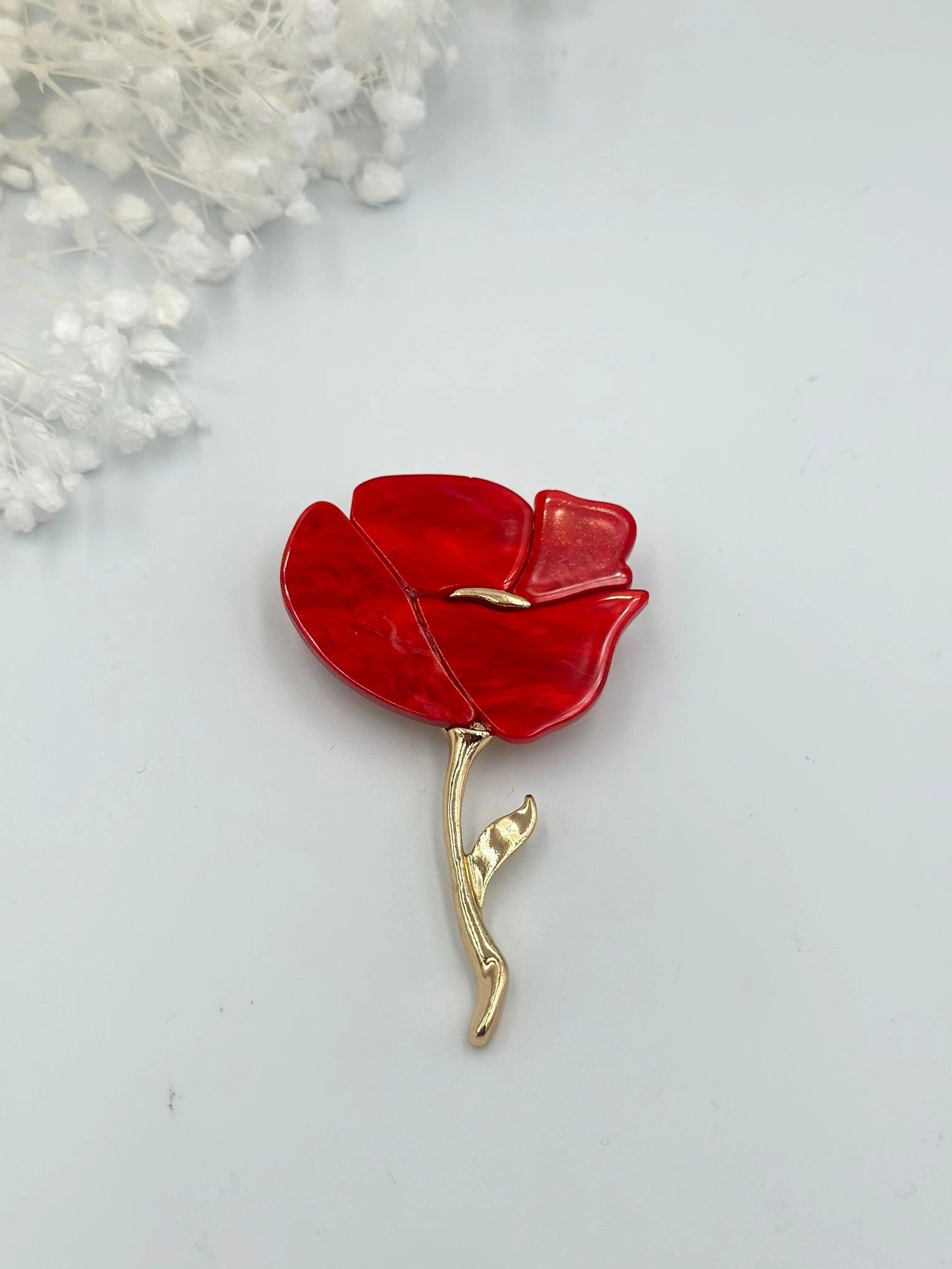Kırmızı Gold Detaylı Lale Broş