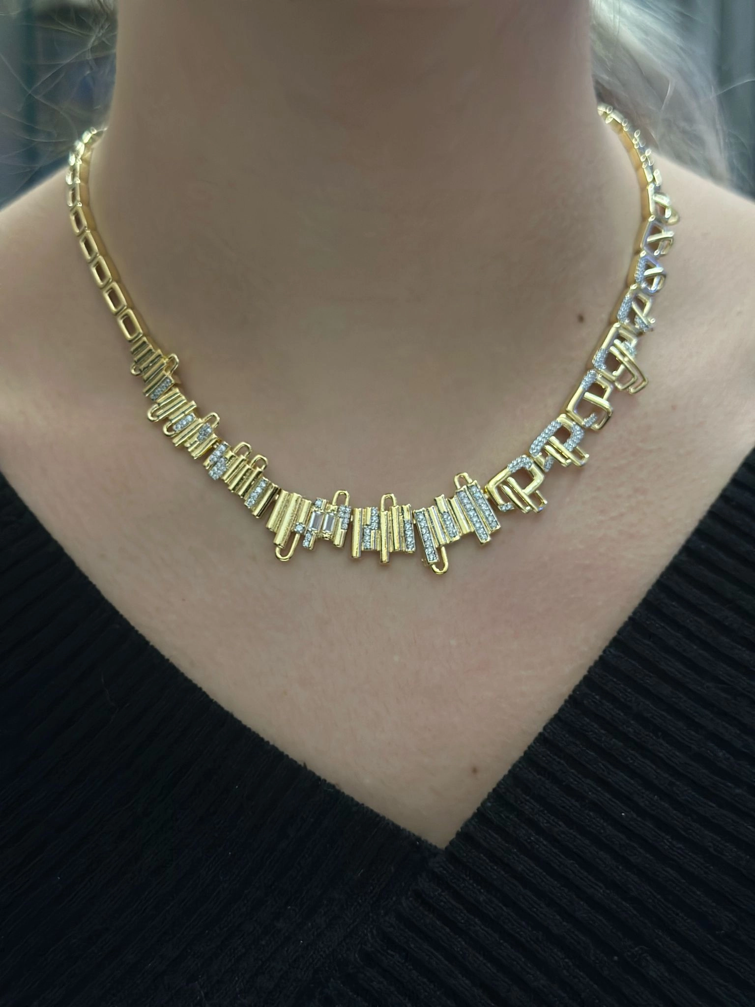 14K Altın Kaplama Çift Renk Detaylı Geometrik Kolye