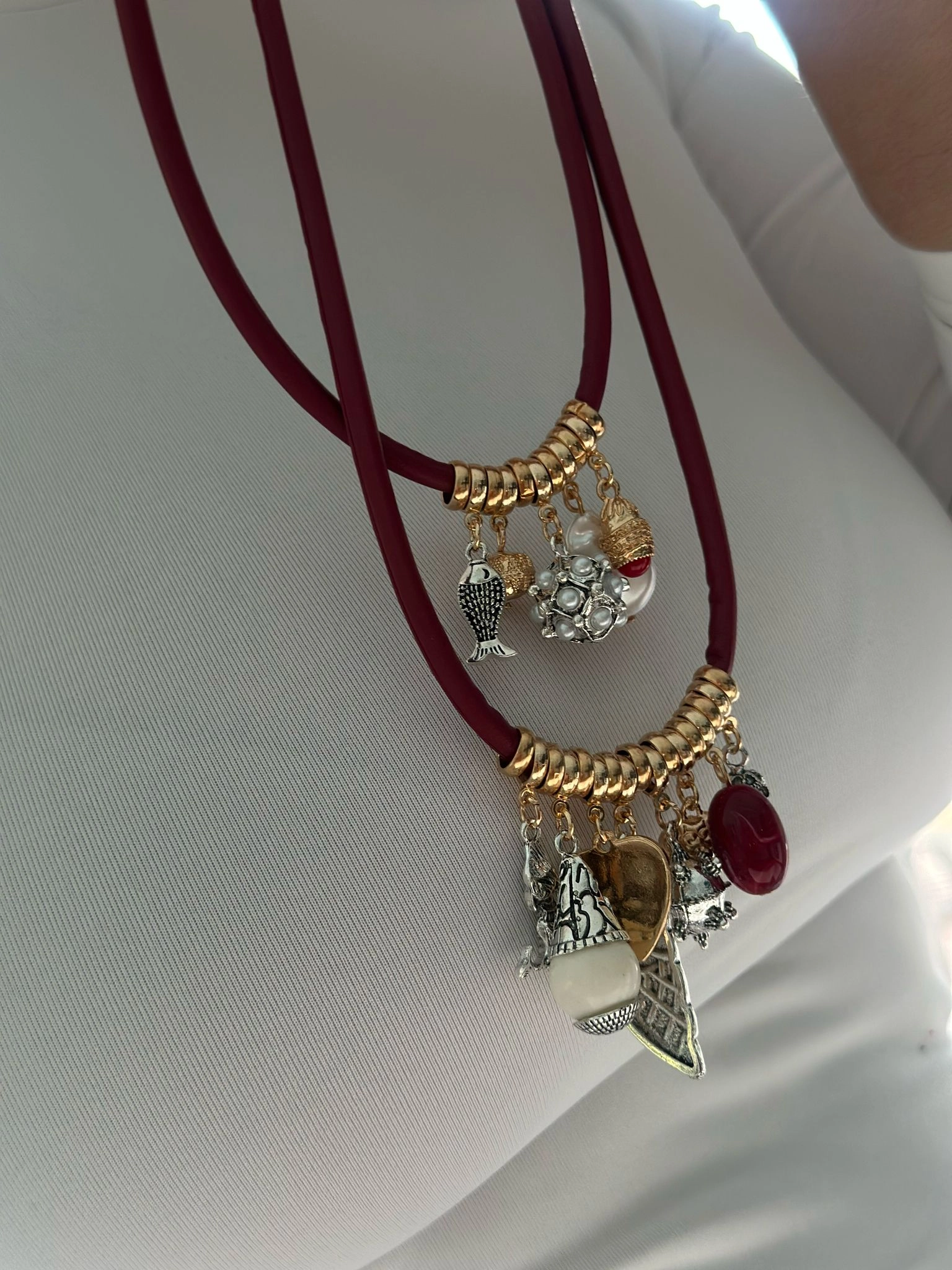 Bordo İkili Deniz Charm Detaylı Kolye