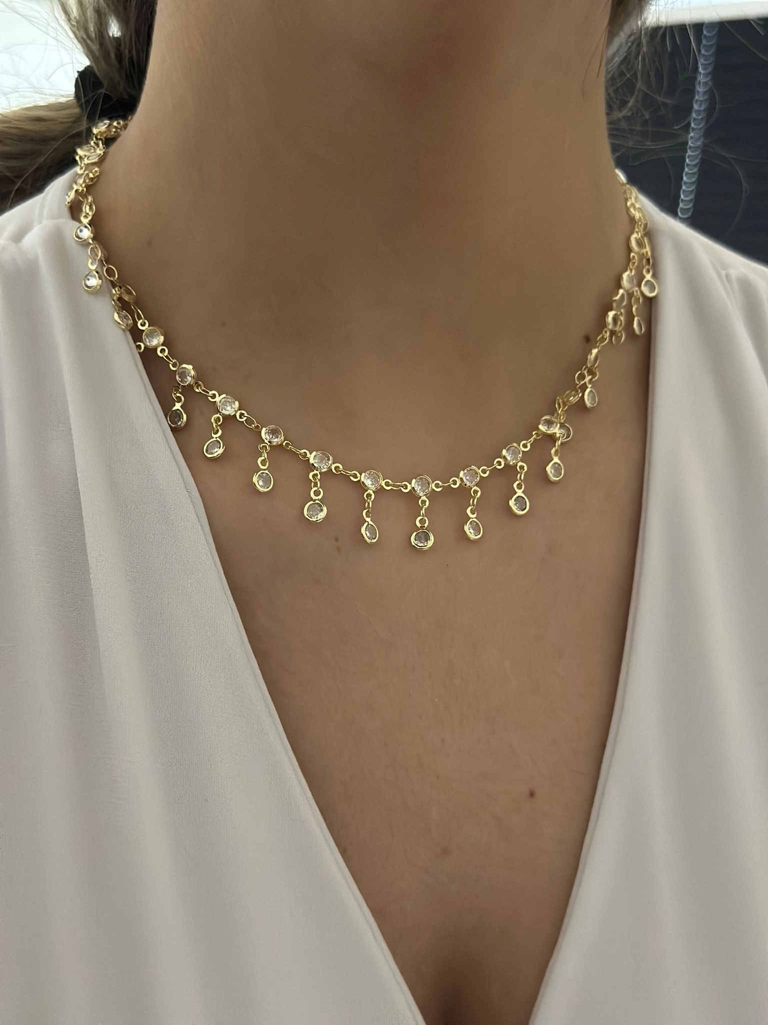 Sallantılı Tek Taş Detay Choker Kolye (Çelik)