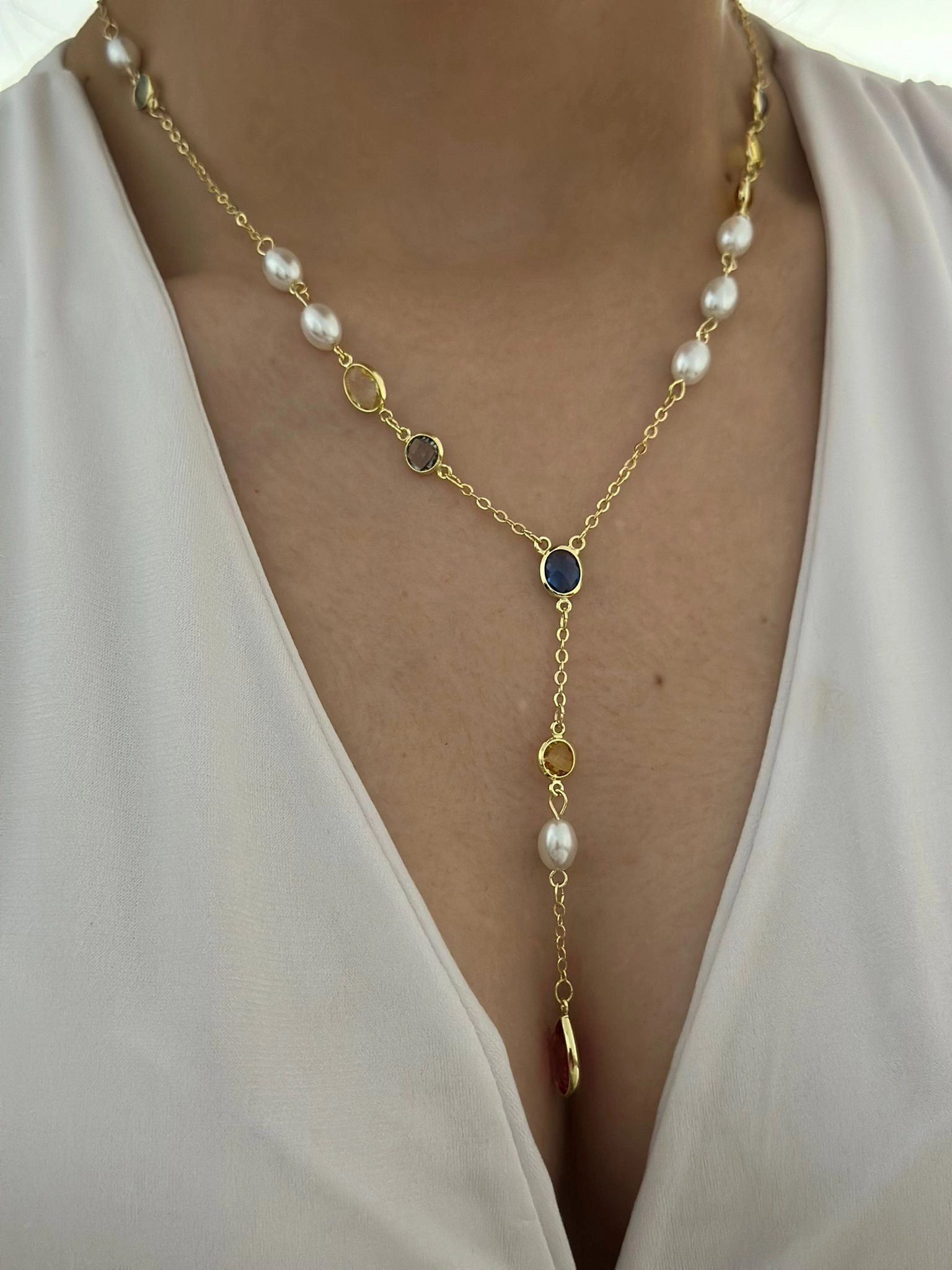 İnci Ve Renkli Taş Detay Y Kolye (Çelik)