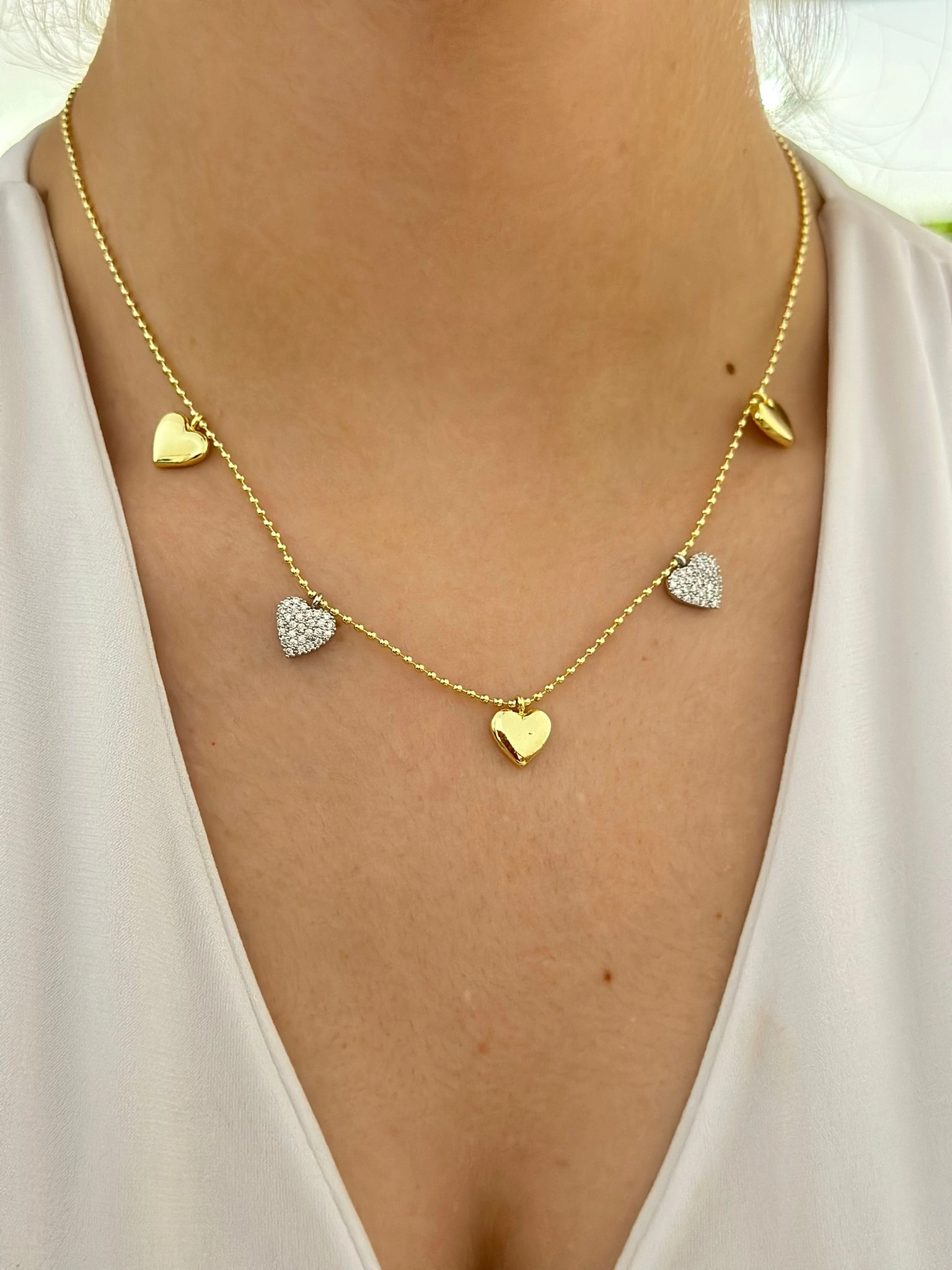 Çift Renk Zirkon Taş Detay Kalp Charm Çelik Kolye